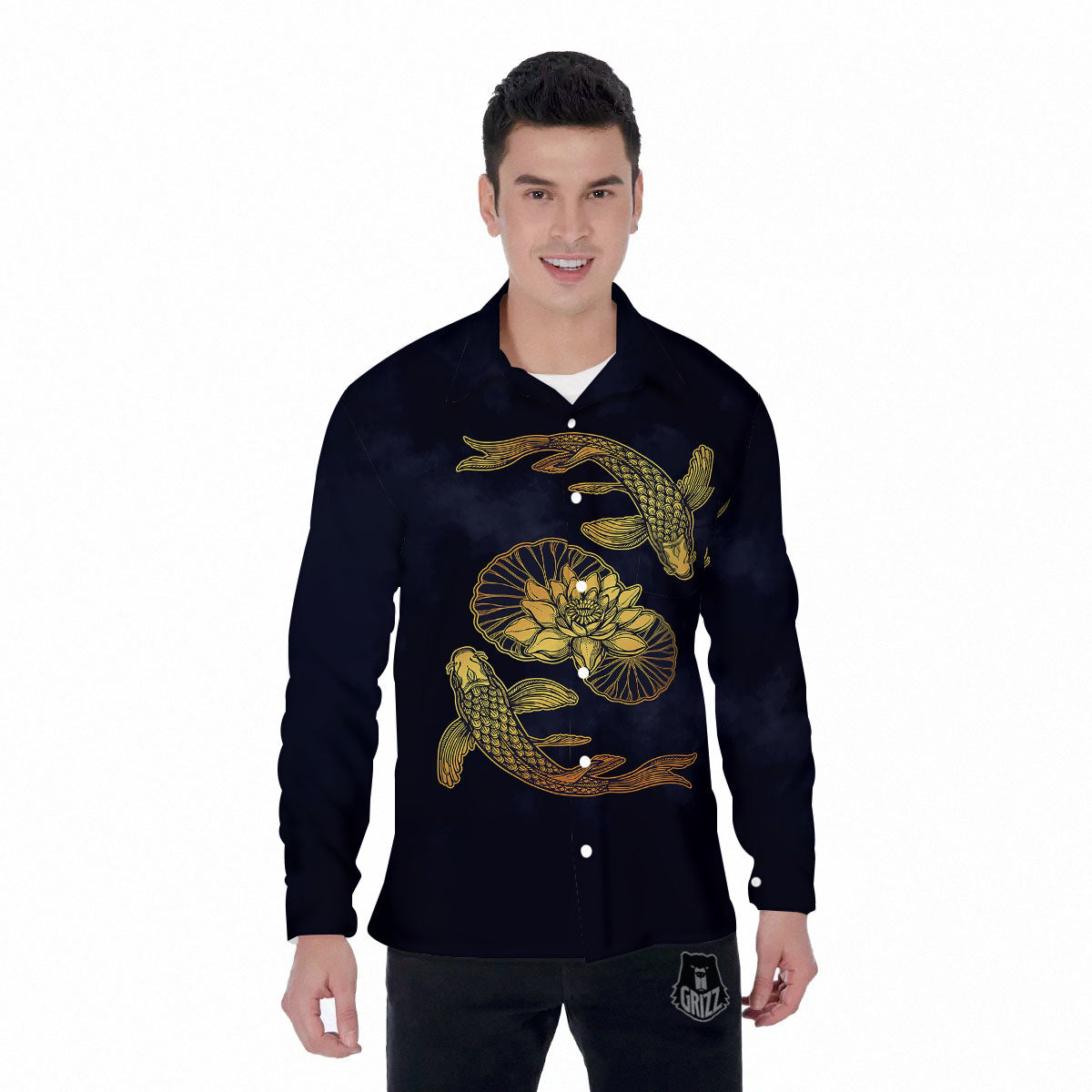 Koi Fish Golden Spiritual Print Men's Long Sleeve Shirts-grizzshop