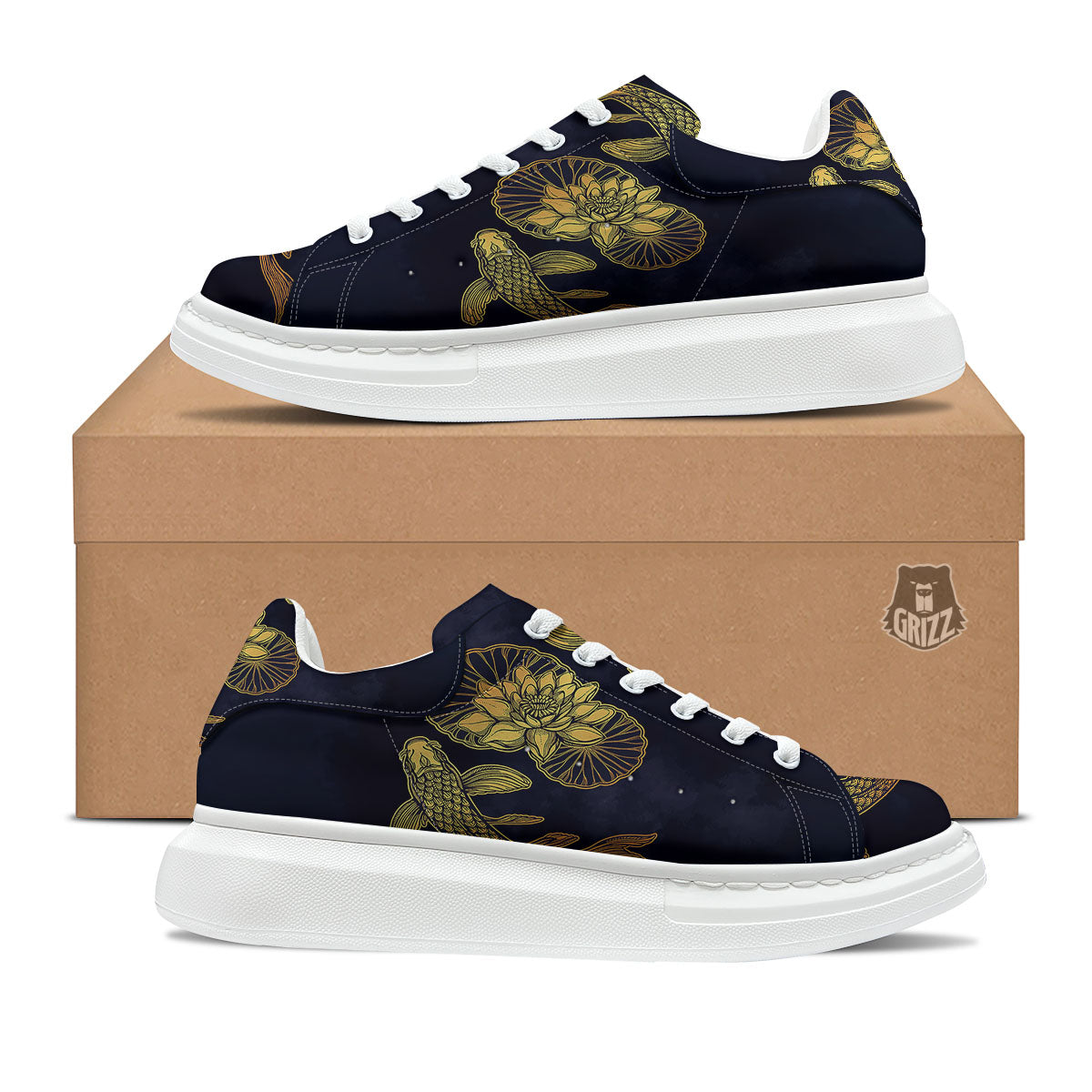 Koi Fish Golden Spiritual Print Platform Shoes-grizzshop