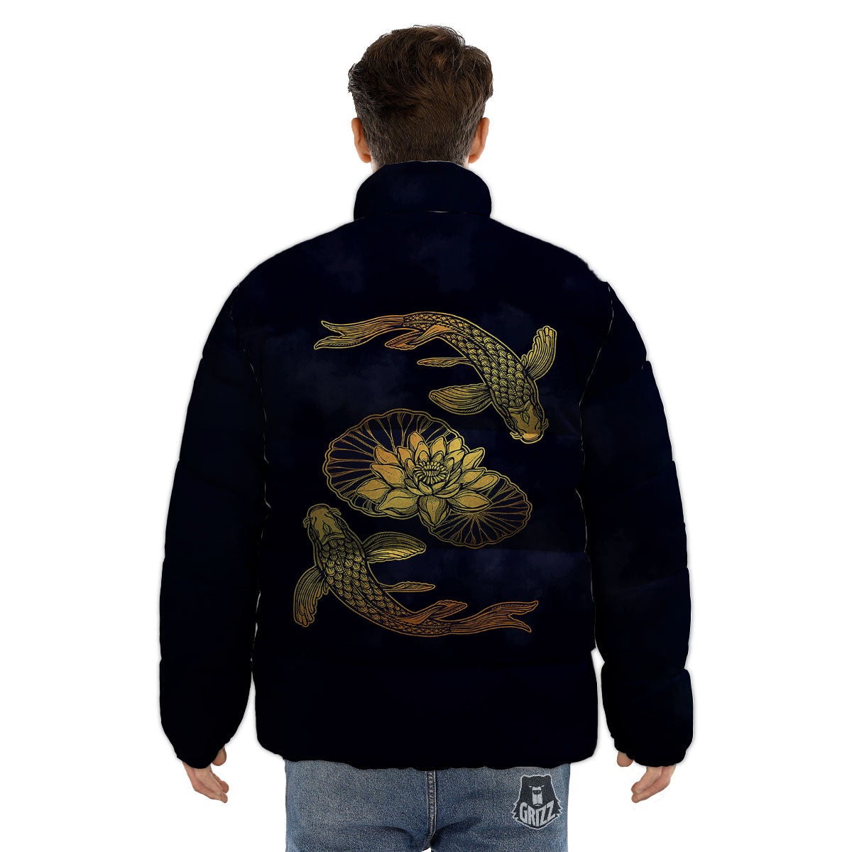 Koi Fish Golden Spiritual Print Puffer Jacket-grizzshop