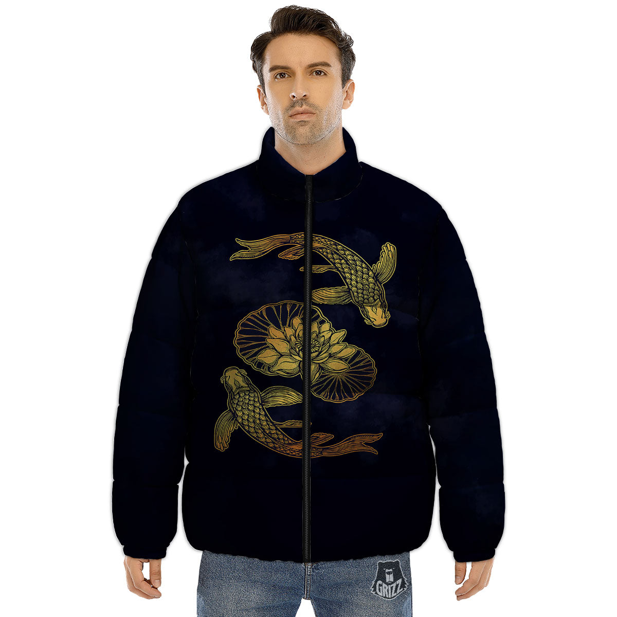 Koi Fish Golden Spiritual Print Puffer Jacket-grizzshop