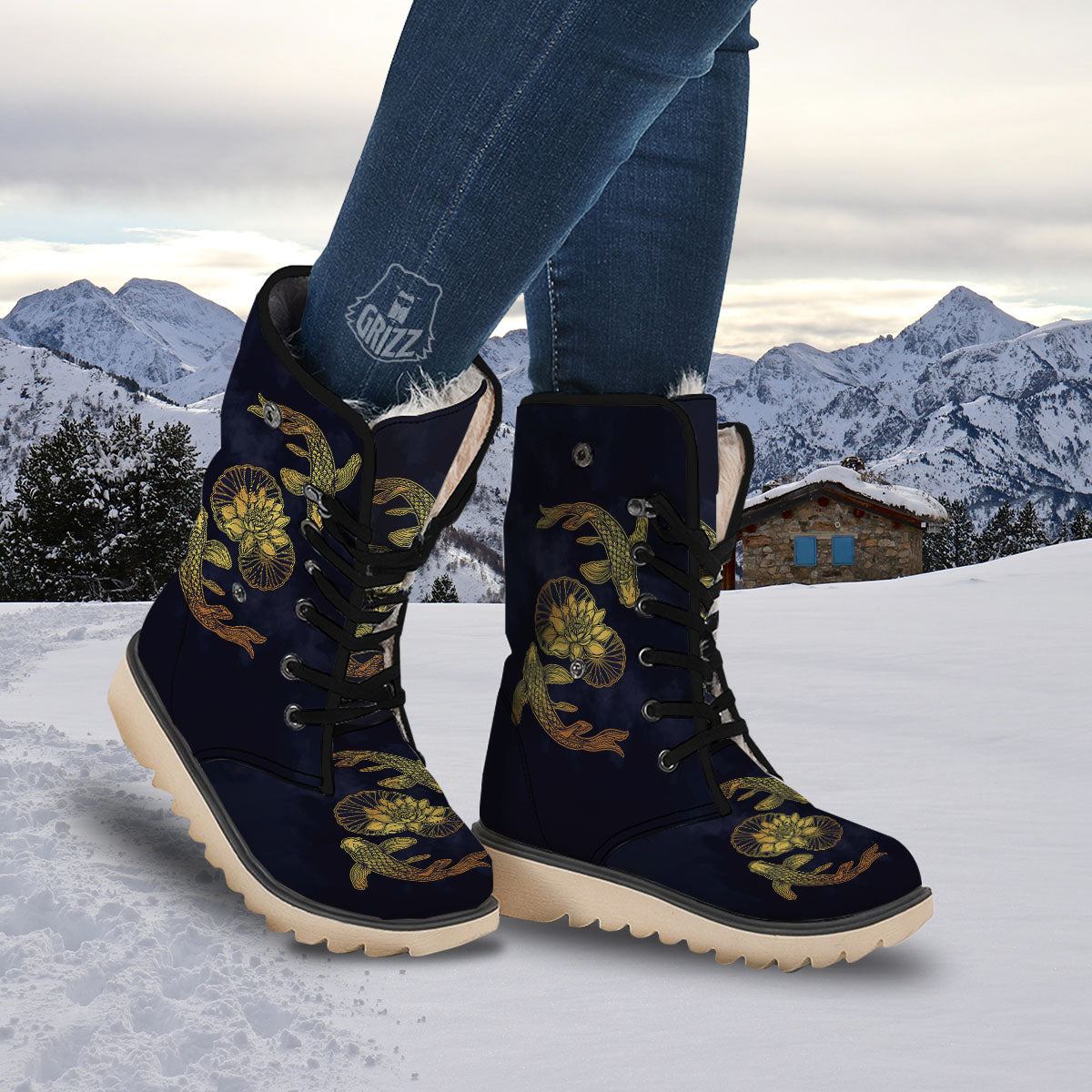 Koi Fish Golden Spiritual Print Snow Boots-grizzshop