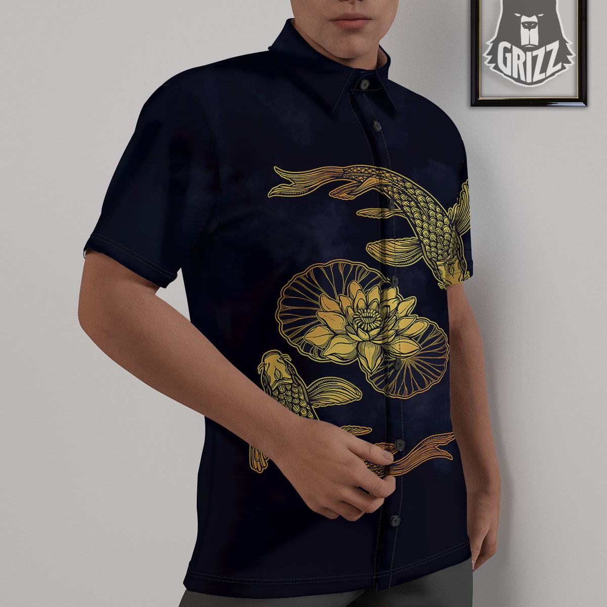 Koi Fish Golden Spiritual Print Untucked Shirts-grizzshop