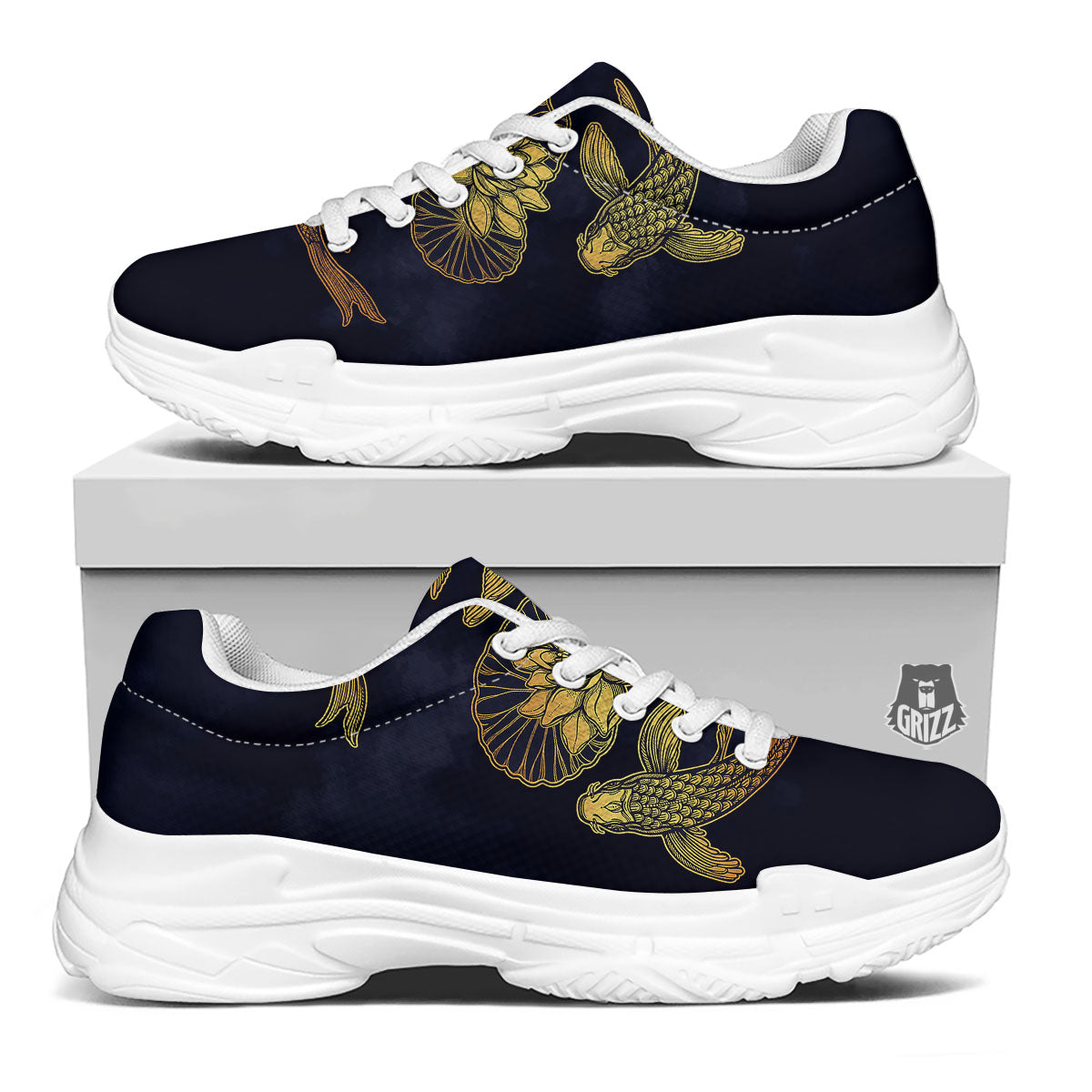 Koi Fish Golden Spiritual Print White Chunky Shoes-grizzshop