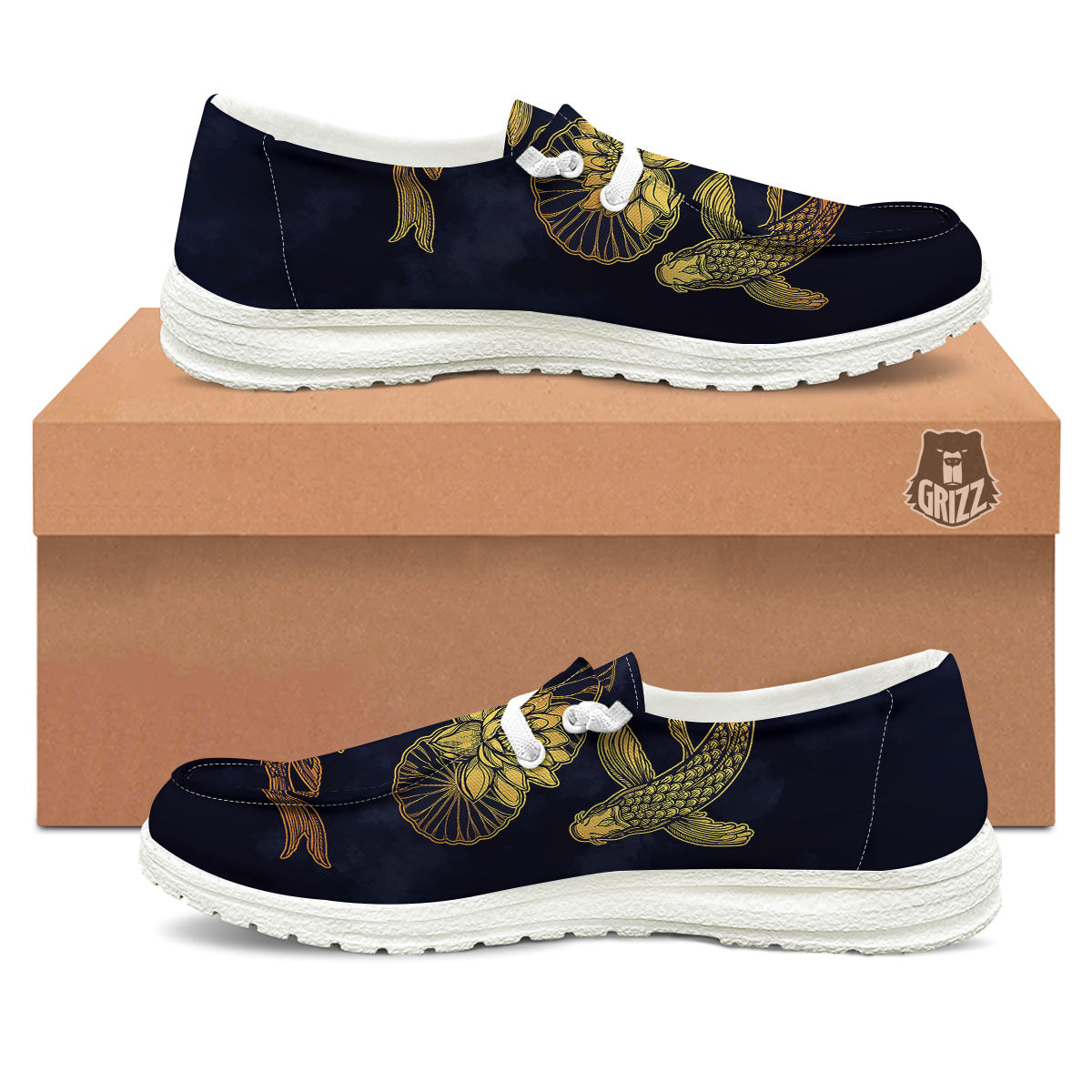 Koi Fish Golden Spiritual Print White Loafers-grizzshop