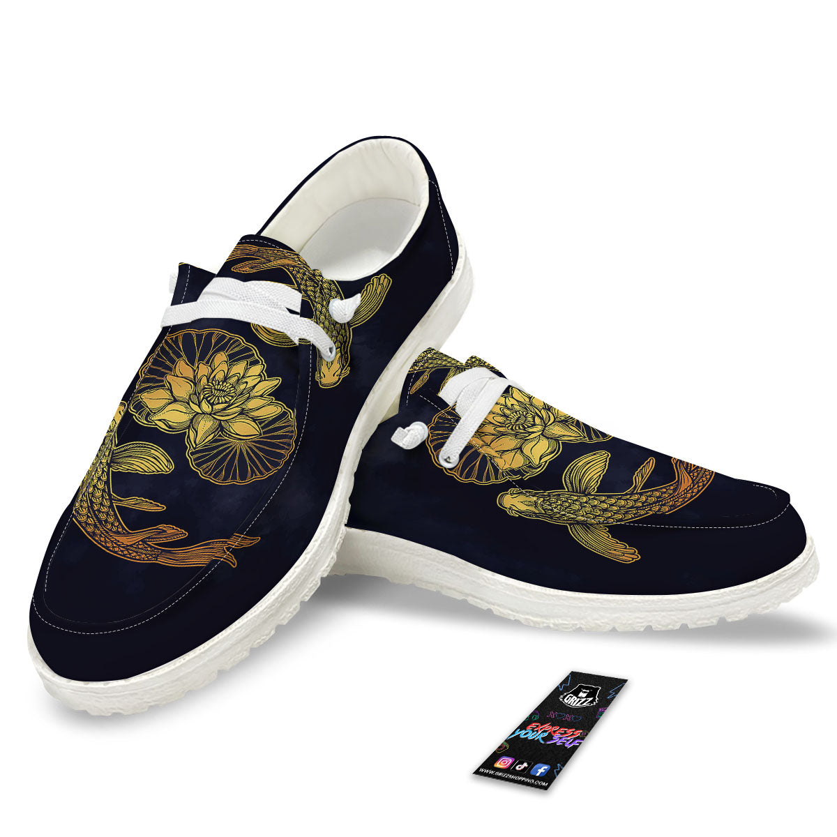 Koi Fish Golden Spiritual Print White Loafers-grizzshop