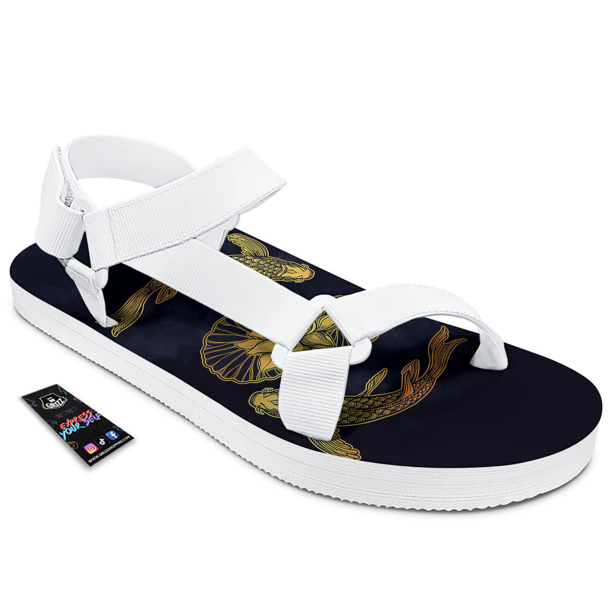 Koi Fish Golden Spiritual Print White Open Toe Sandals-grizzshop