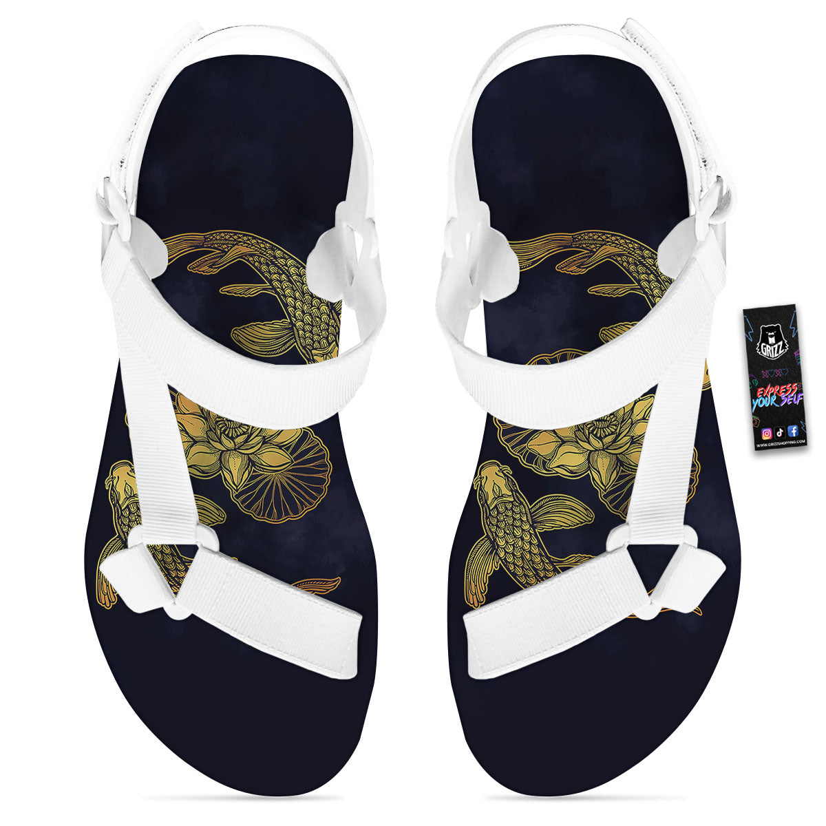 Koi Fish Golden Spiritual Print White Open Toe Sandals-grizzshop