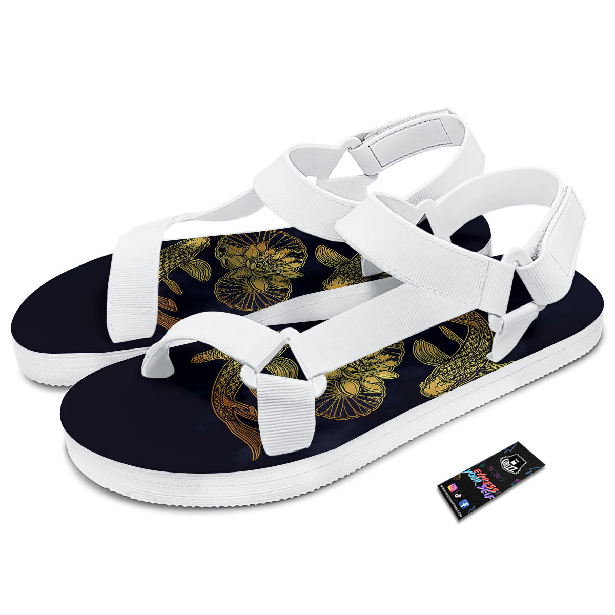 Koi Fish Golden Spiritual Print White Open Toe Sandals-grizzshop