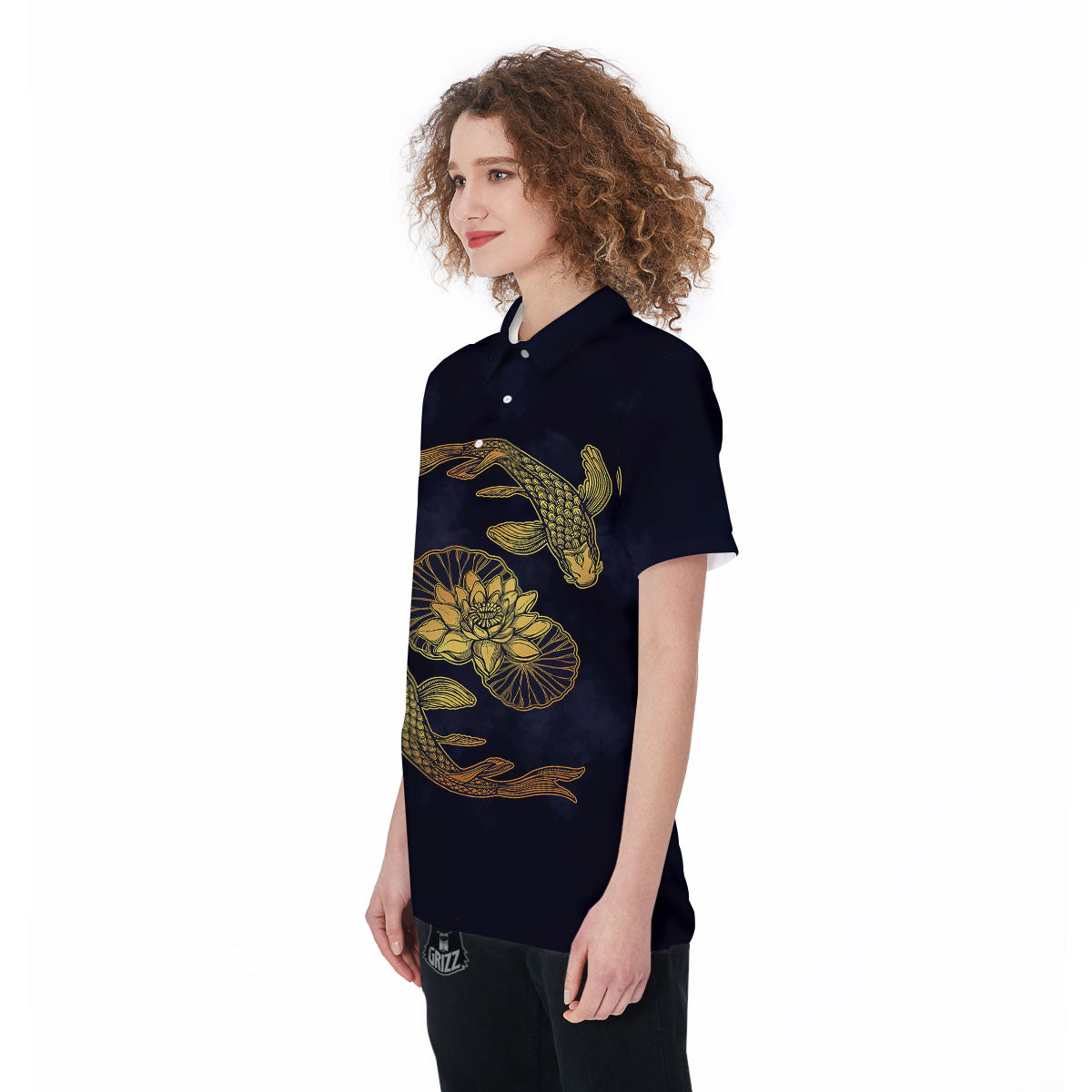Koi Fish Golden Spiritual Print Women's Golf Shirts-grizzshop