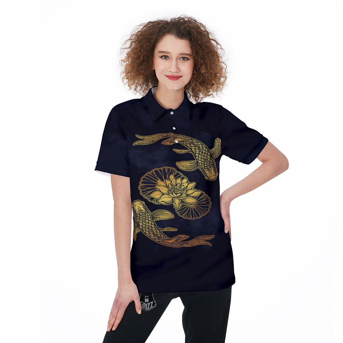 Koi Fish Golden Spiritual Print Women's Golf Shirts-grizzshop