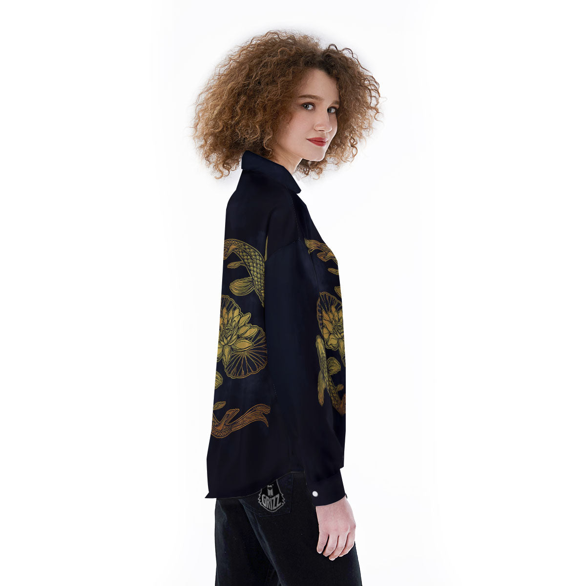 Koi Fish Golden Spiritual Print Women's Long Sleeve Shirts-grizzshop