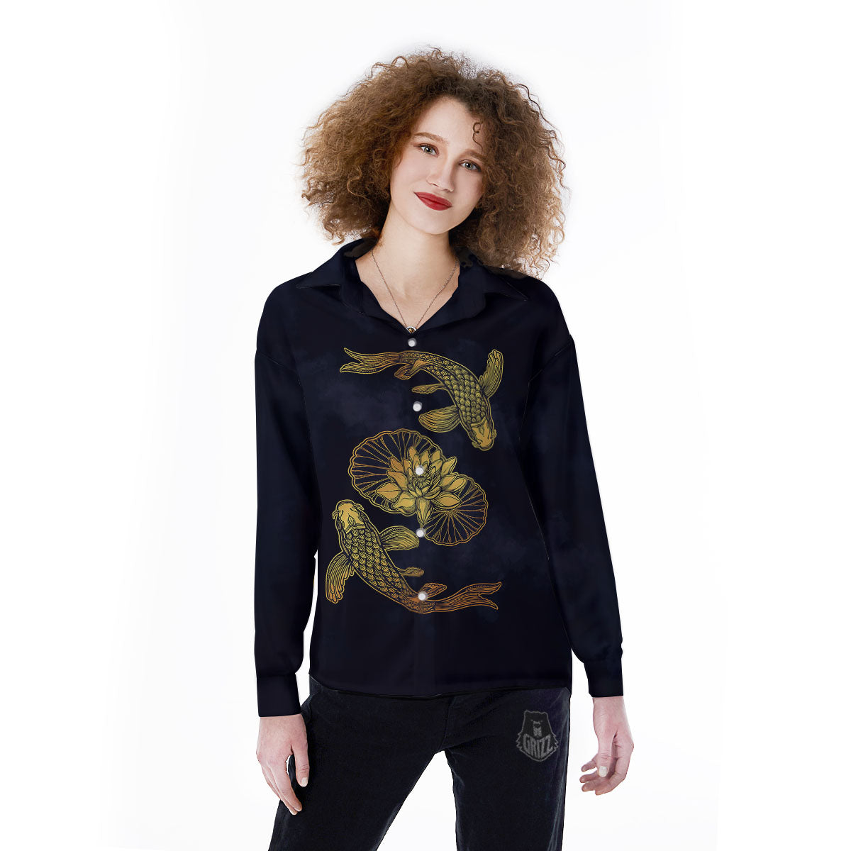 Koi Fish Golden Spiritual Print Women's Long Sleeve Shirts-grizzshop