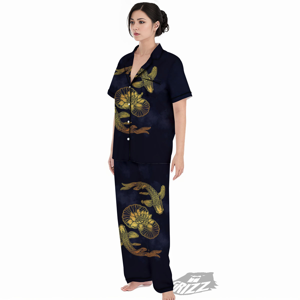 Koi Fish Golden Spiritual Print Women's Pajamas Set-grizzshop