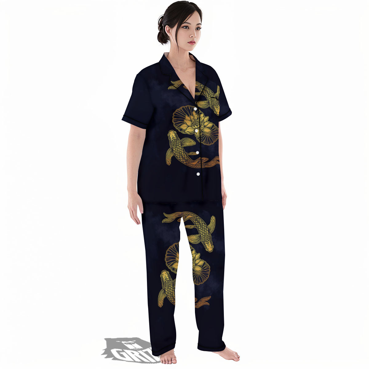 Koi Fish Golden Spiritual Print Women's Pajamas Set-grizzshop