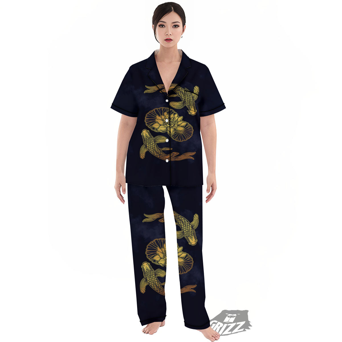 Koi Fish Golden Spiritual Print Women's Pajamas Set-grizzshop