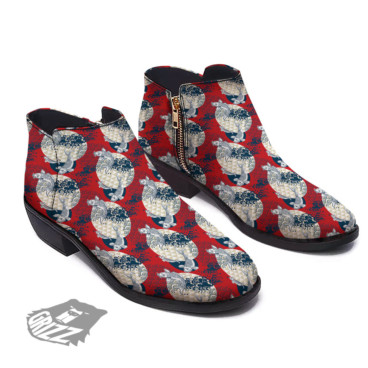 Koi Fish Japanese Wave Print Pattern Ankle Boots-grizzshop