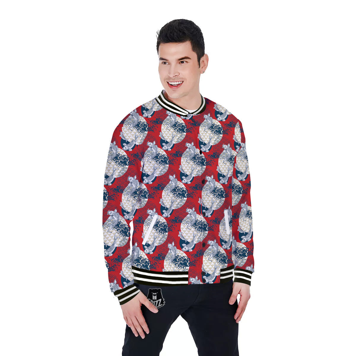 Koi Fish Japanese Wave Print Pattern Baseball Jacket-grizzshop