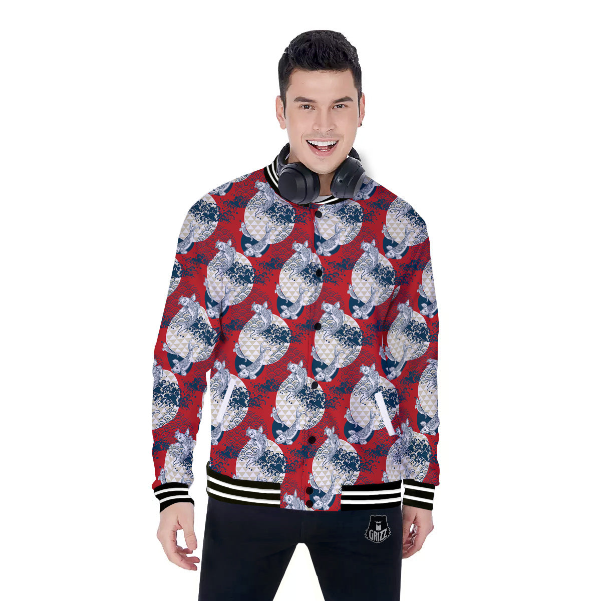 Koi Fish Japanese Wave Print Pattern Baseball Jacket-grizzshop
