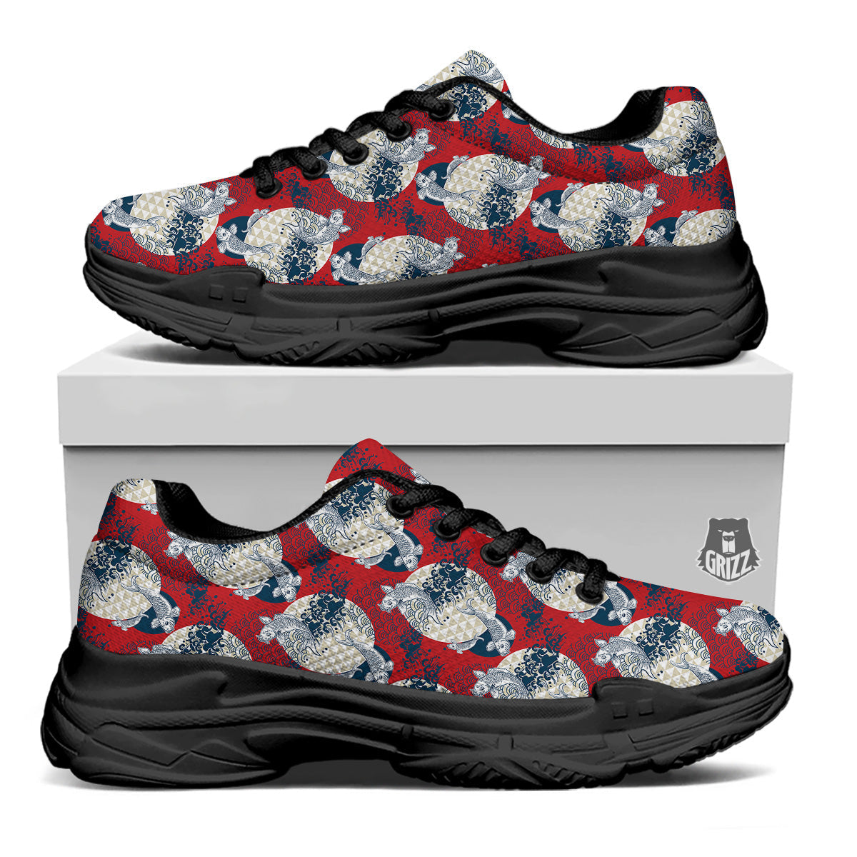Koi Fish Japanese Wave Print Pattern Black Chunky Shoes-grizzshop
