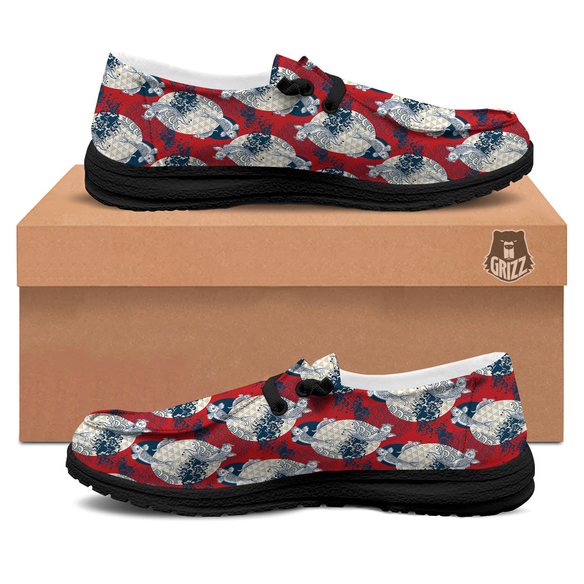 Koi Fish Japanese Wave Print Pattern Black Loafers-grizzshop