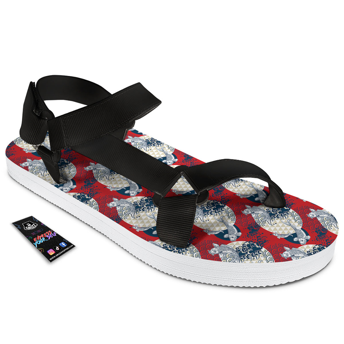 Koi Fish Japanese Wave Print Pattern Black Open Toe Sandals-grizzshop