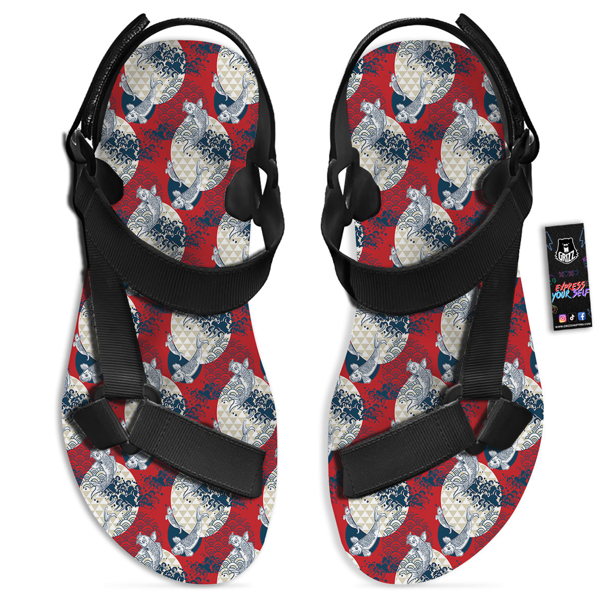 Koi Fish Japanese Wave Print Pattern Black Open Toe Sandals-grizzshop