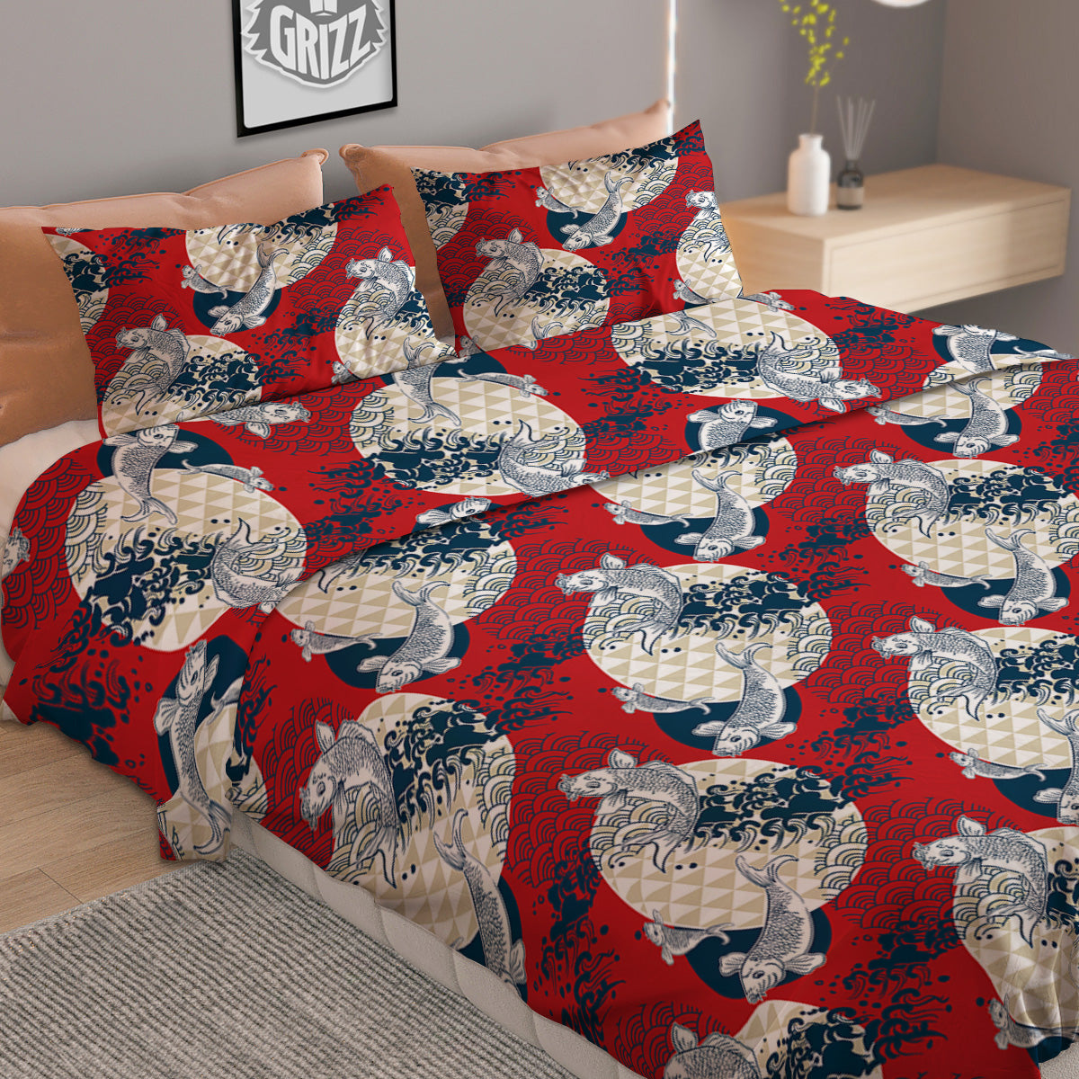 Koi Fish Japanese Wave Print Pattern Duvet Cover Bedding Set