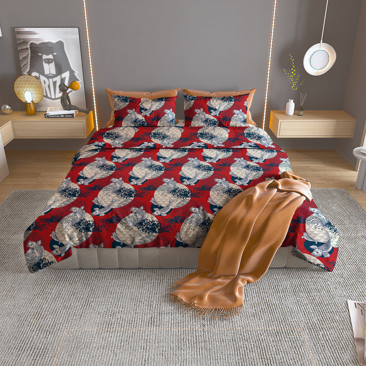 Koi Fish Japanese Wave Print Pattern Duvet Cover Bedding Set