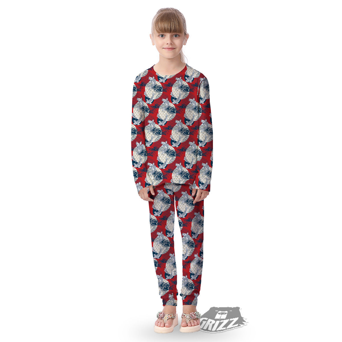 Koi Fish Japanese Wave Print Pattern Kid's Pajamas-grizzshop