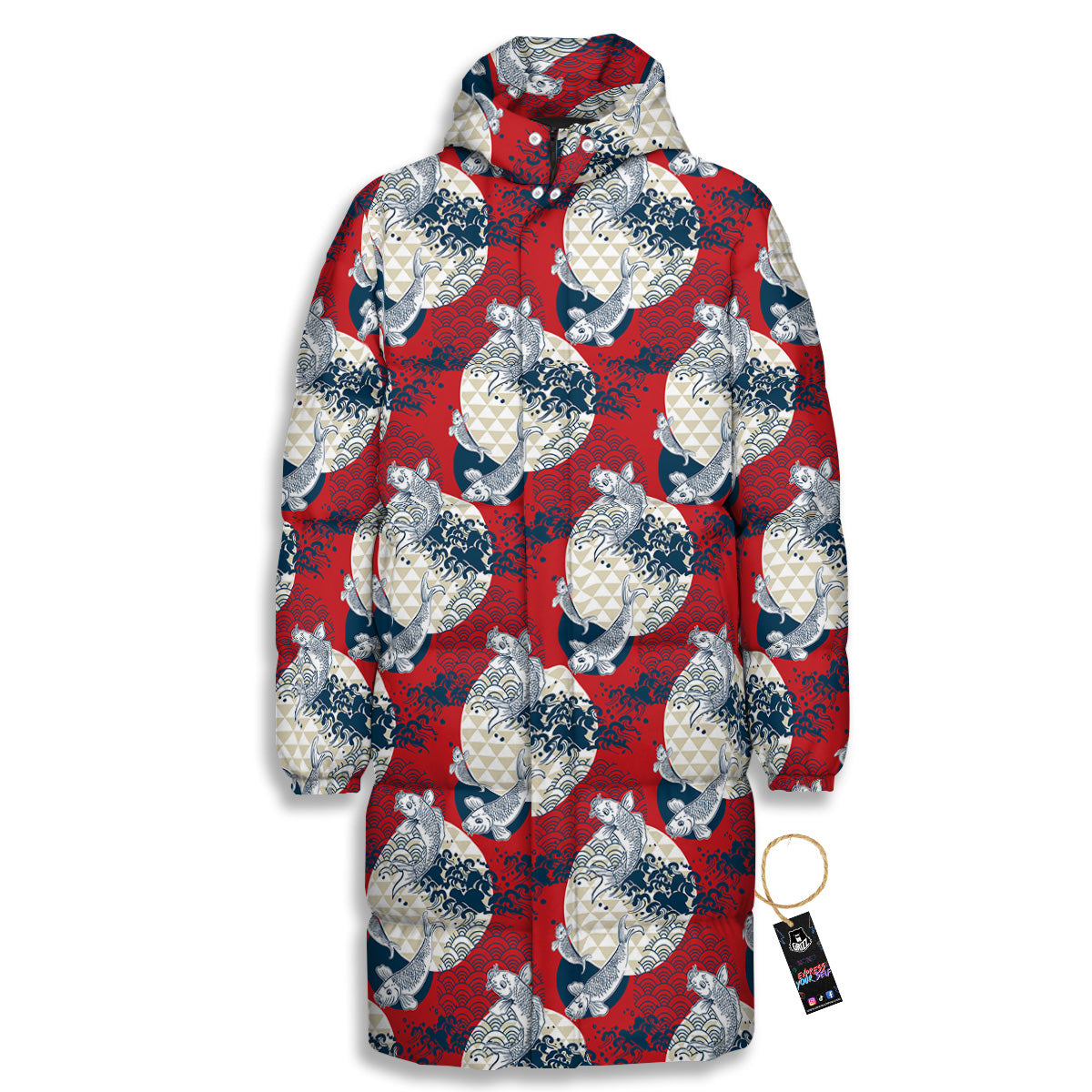 Koi Fish Japanese Wave Print Pattern Long Down Jacket-grizzshop
