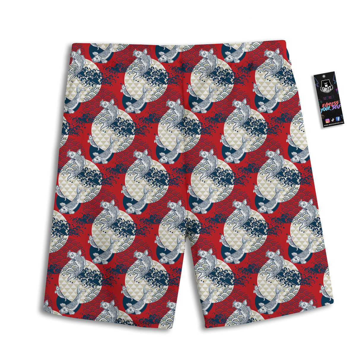 Koi Fish Japanese Wave Print Pattern Men's Athletic Shorts