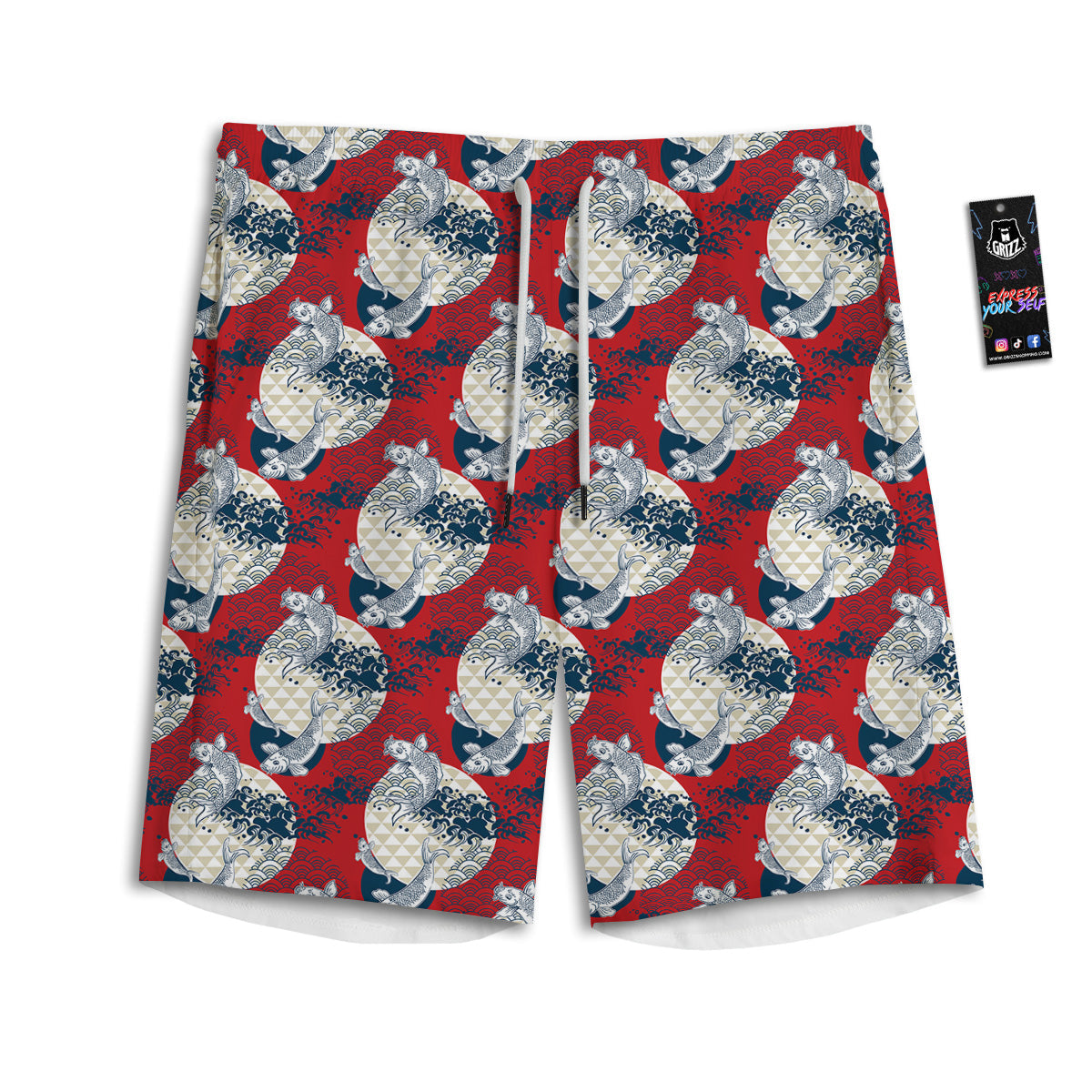Koi Fish Japanese Wave Print Pattern Men's Athletic Shorts