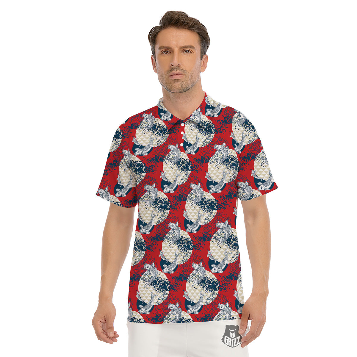Koi Fish Japanese Wave Print Pattern Men's Golf Shirts-grizzshop