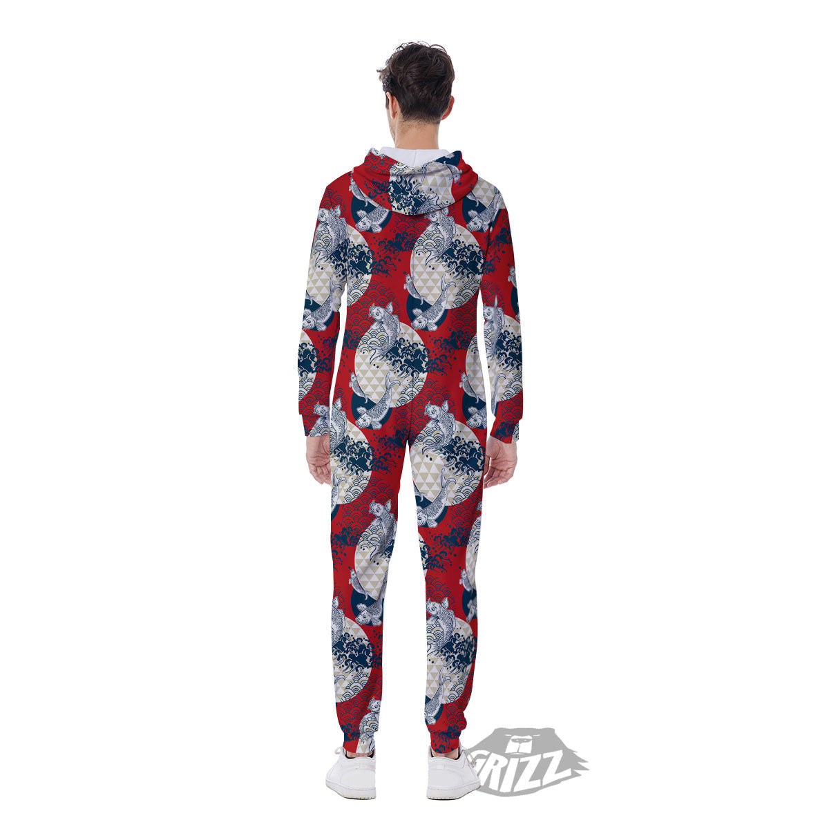 Koi Fish Japanese Wave Print Pattern Men's Jumpsuit-grizzshop