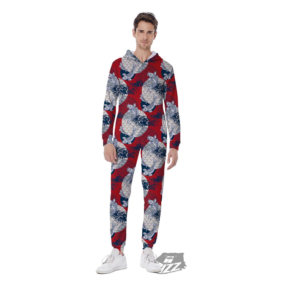 Koi Fish Japanese Wave Print Pattern Men's Jumpsuit-grizzshop