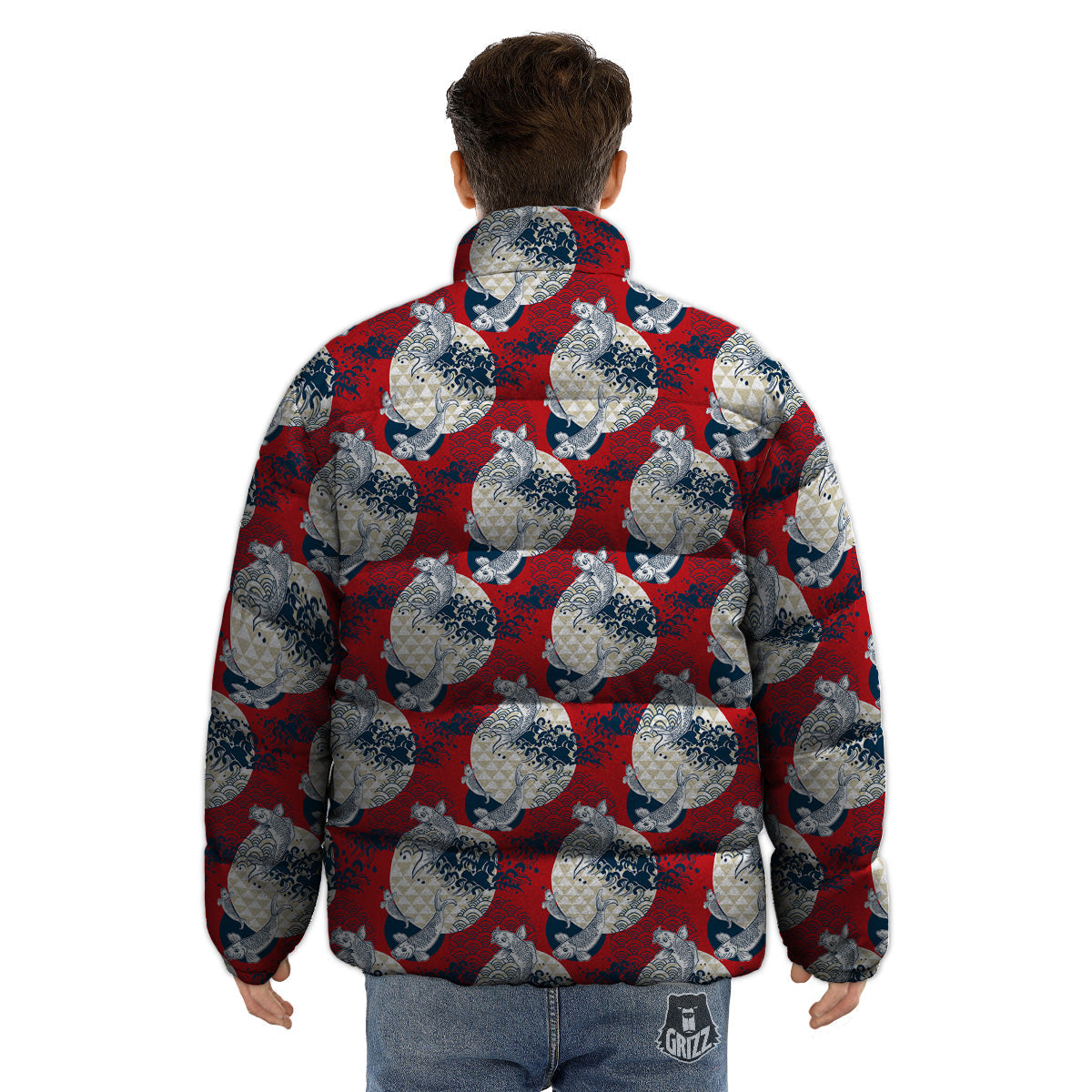 Koi Fish Japanese Wave Print Pattern Puffer Jacket-grizzshop