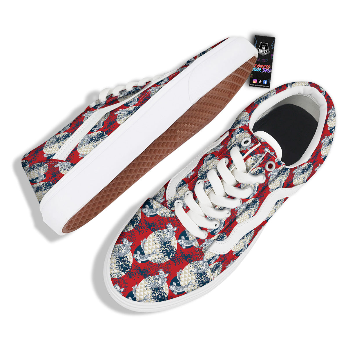 Koi Fish Japanese Wave Print Pattern Skate Shoes-grizzshop