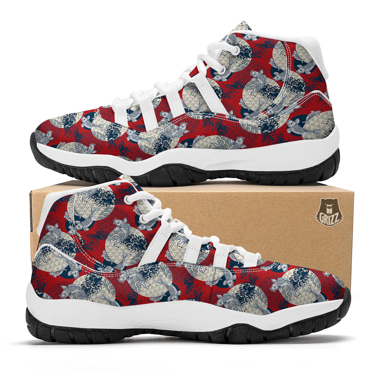Koi Fish Japanese Wave Print Pattern White Bball Shoes-grizzshop