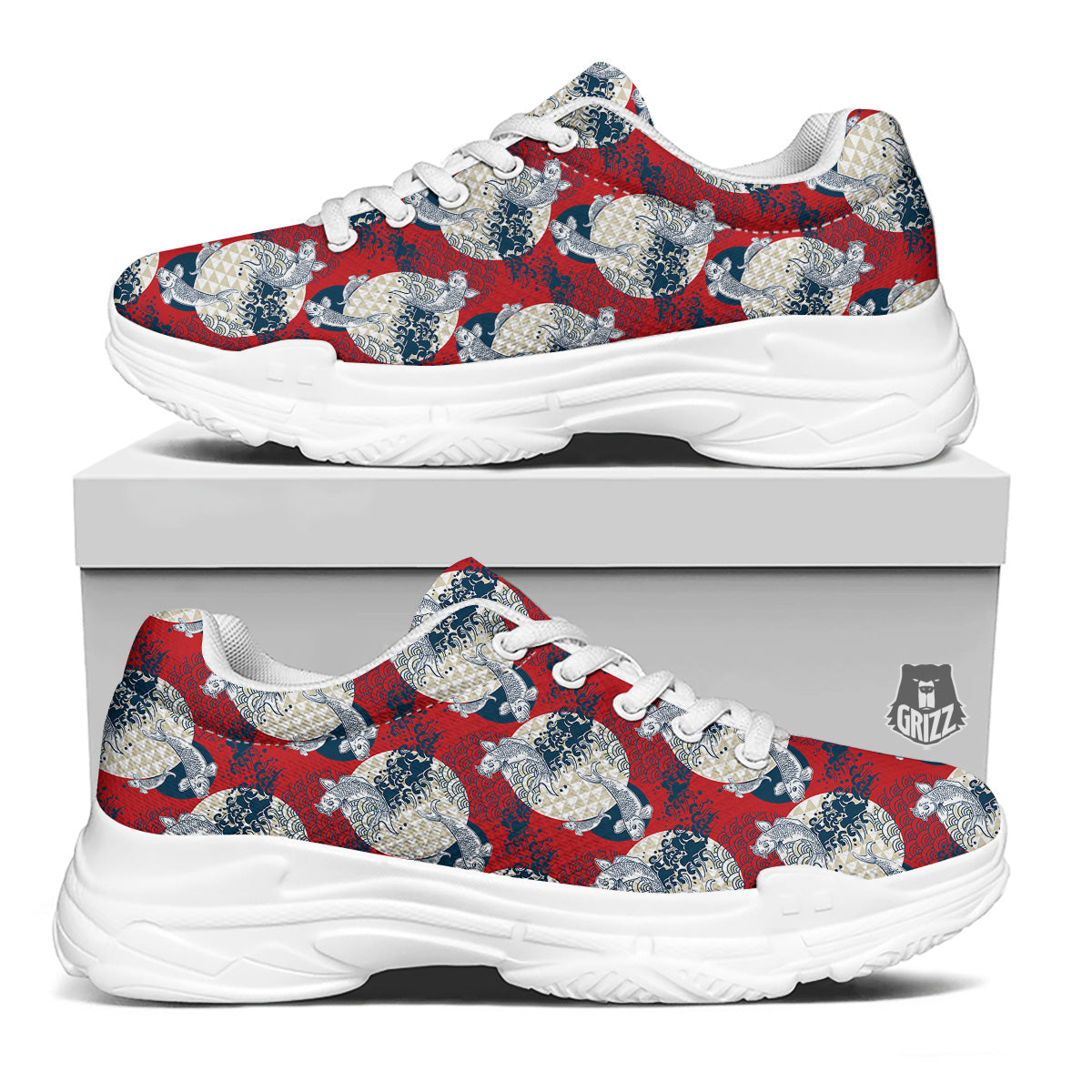 Koi Fish Japanese Wave Print Pattern White Chunky Shoes-grizzshop