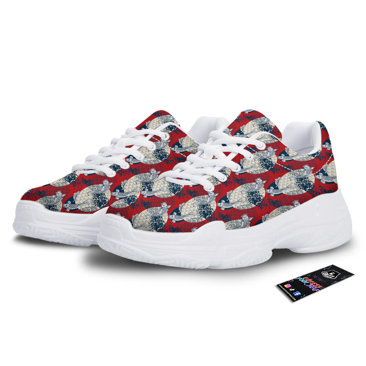 Koi Fish Japanese Wave Print Pattern White Chunky Shoes-grizzshop