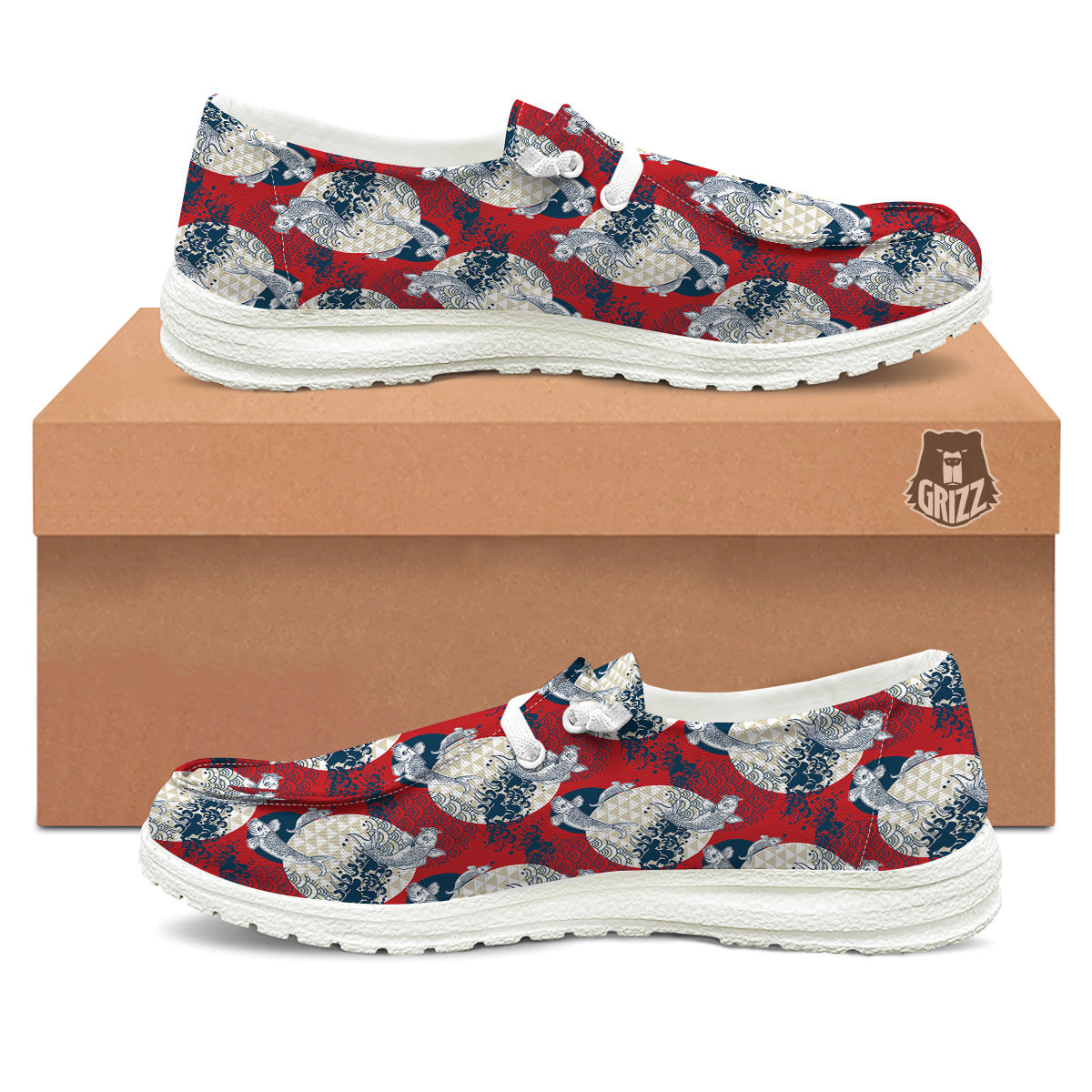 Koi Fish Japanese Wave Print Pattern White Loafers-grizzshop