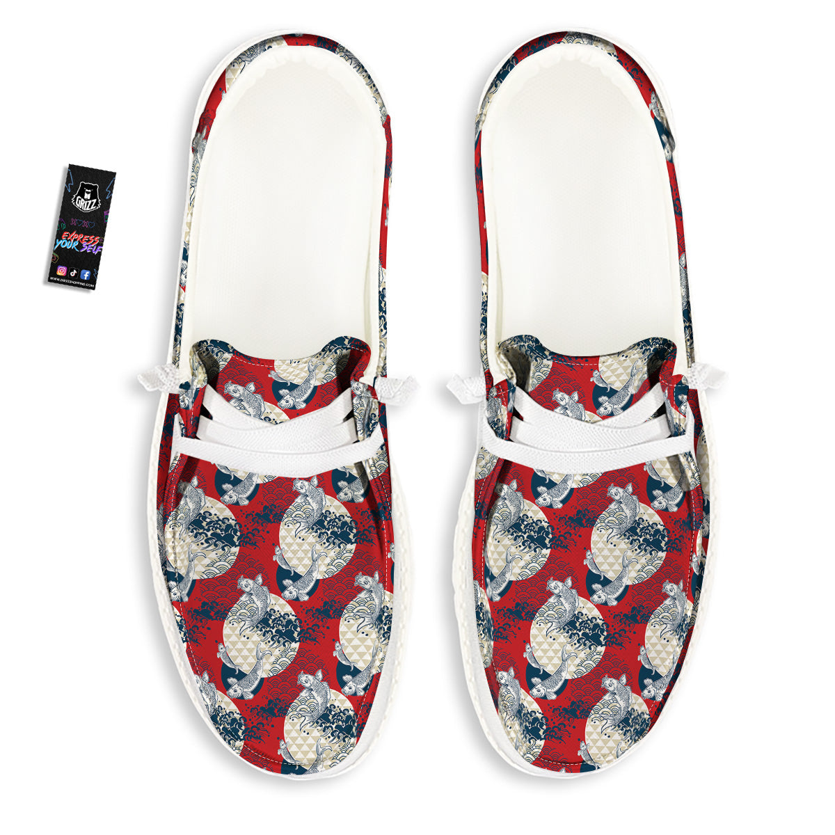 Koi Fish Japanese Wave Print Pattern White Loafers-grizzshop