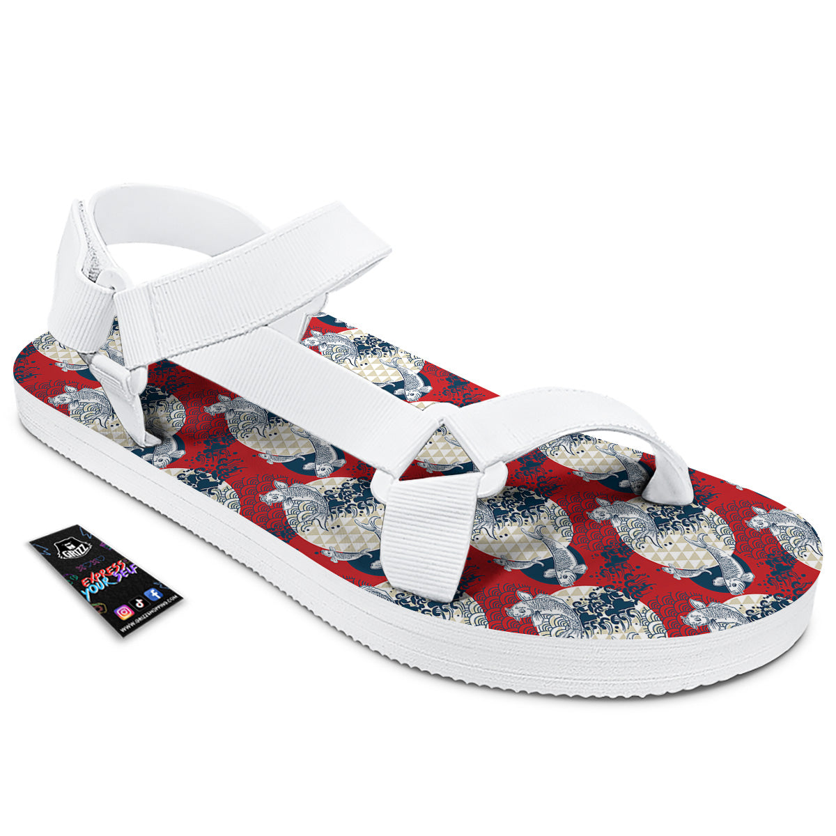 Koi Fish Japanese Wave Print Pattern White Open Toe Sandals-grizzshop