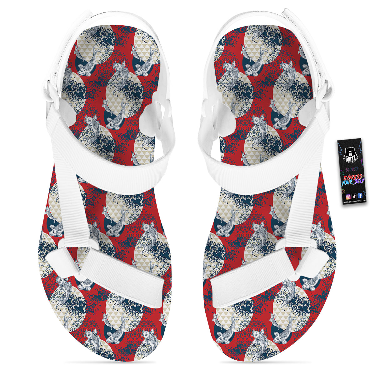 Koi Fish Japanese Wave Print Pattern White Open Toe Sandals-grizzshop