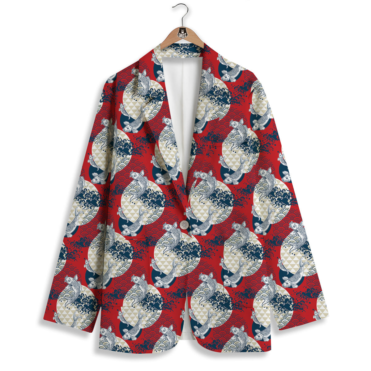 Koi Fish Japanese Wave Print Pattern Women's Blazer-grizzshop