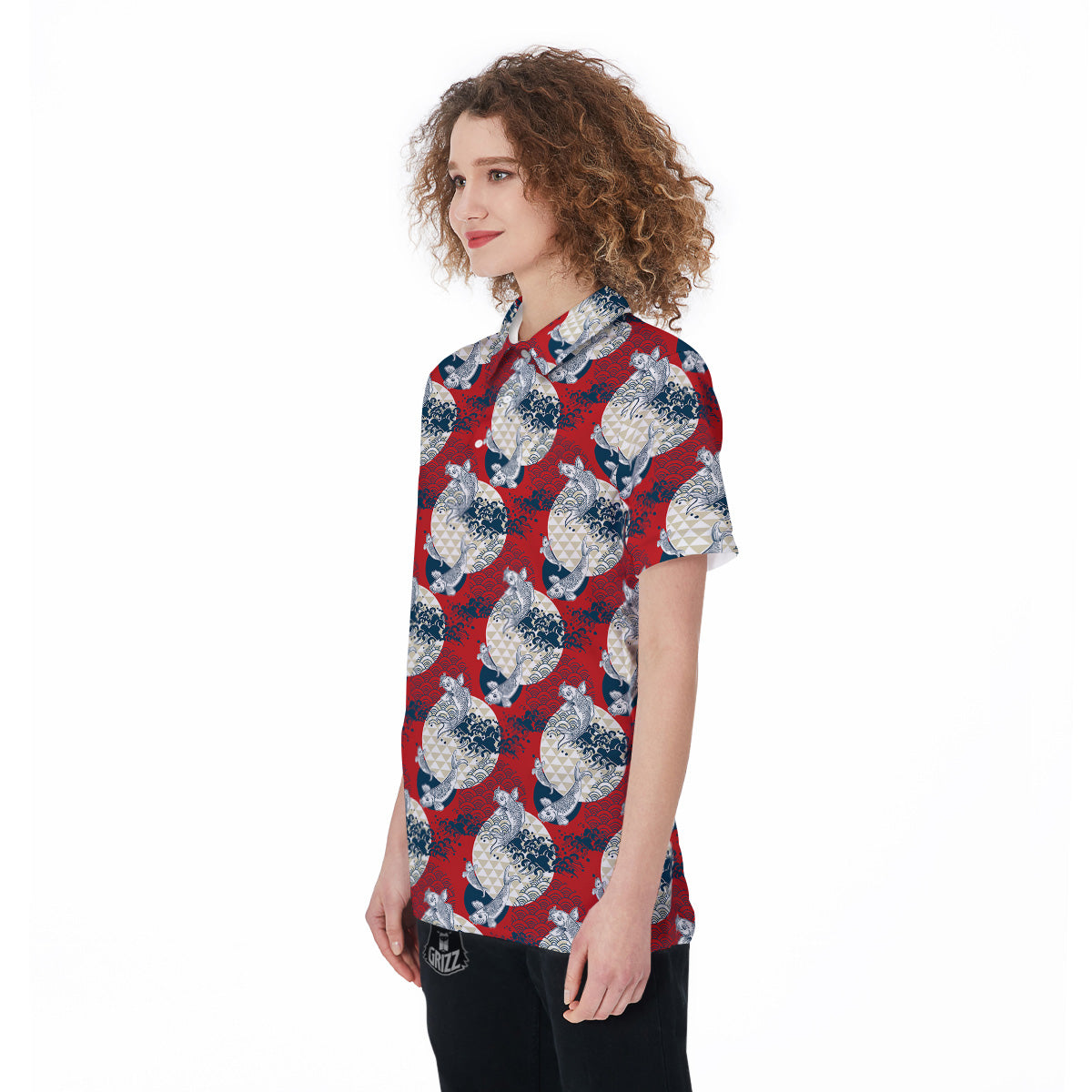 Koi Fish Japanese Wave Print Pattern Women's Golf Shirts-grizzshop