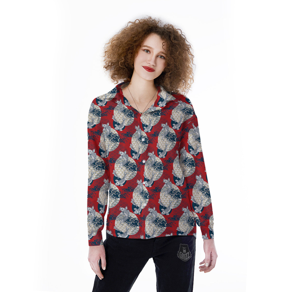 Koi Fish Japanese Wave Print Pattern Women's Long Sleeve Shirts-grizzshop