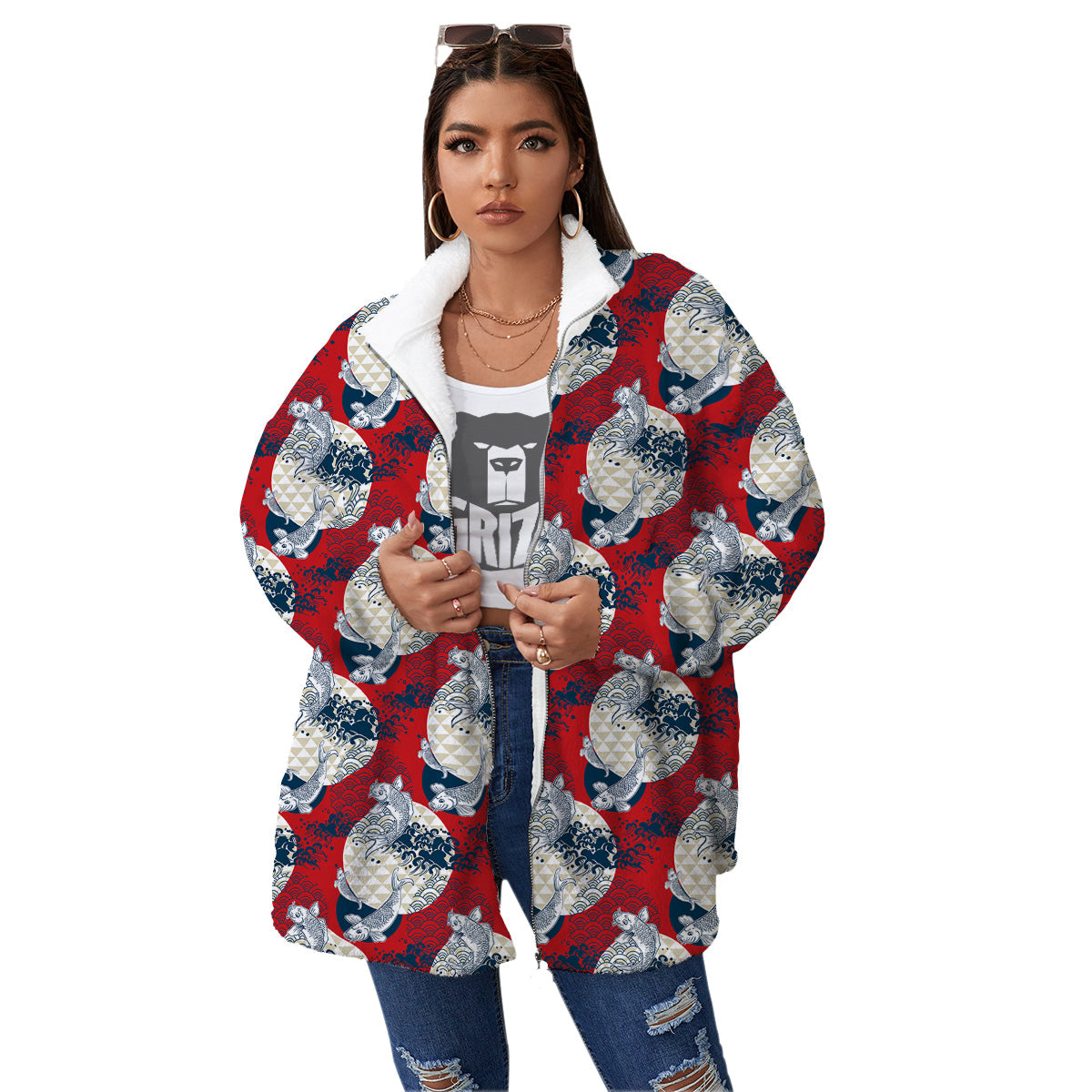 Koi Fish Japanese Wave Print Pattern Women's Sherpa Jacket-grizzshop