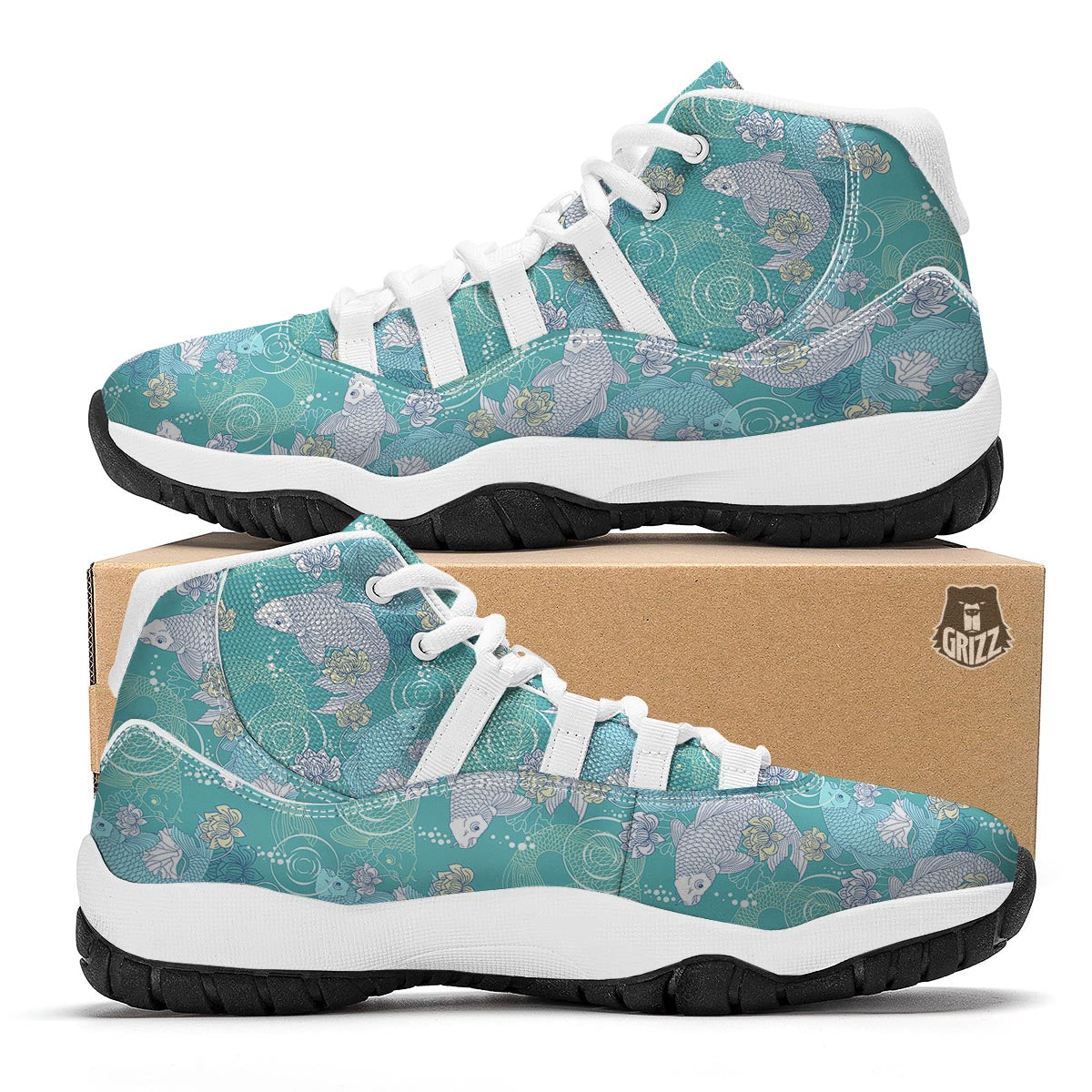 Koi Fish Lotus Pattern Print White Bball Shoes-grizzshop