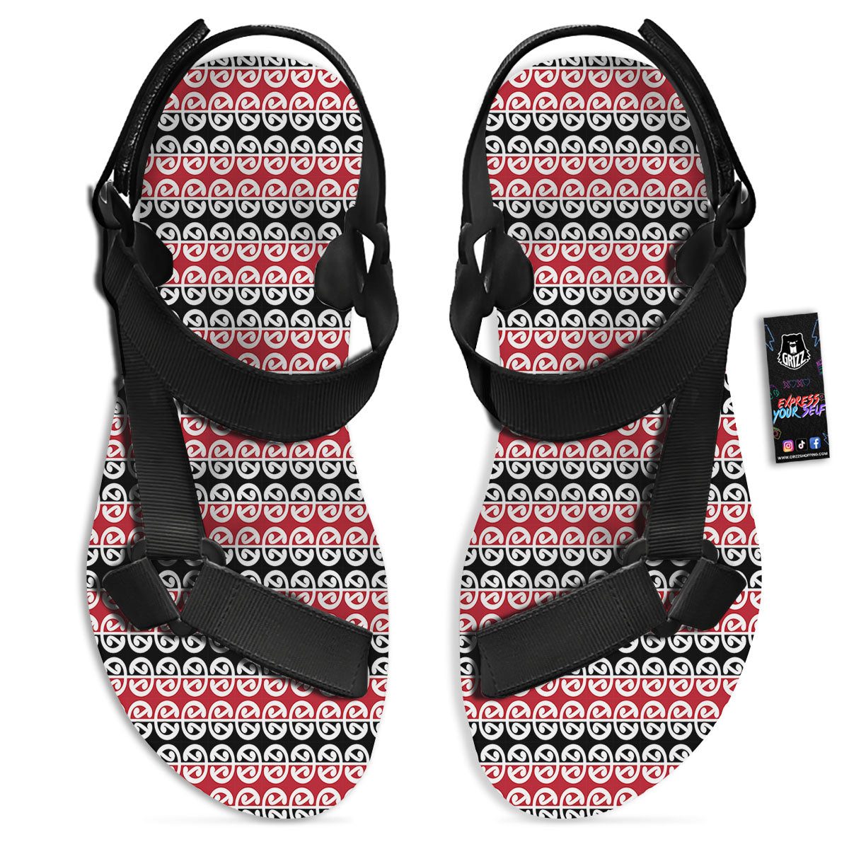 Kowhaiwhai Maori Print Pattern Black Open Toe Sandals-grizzshop
